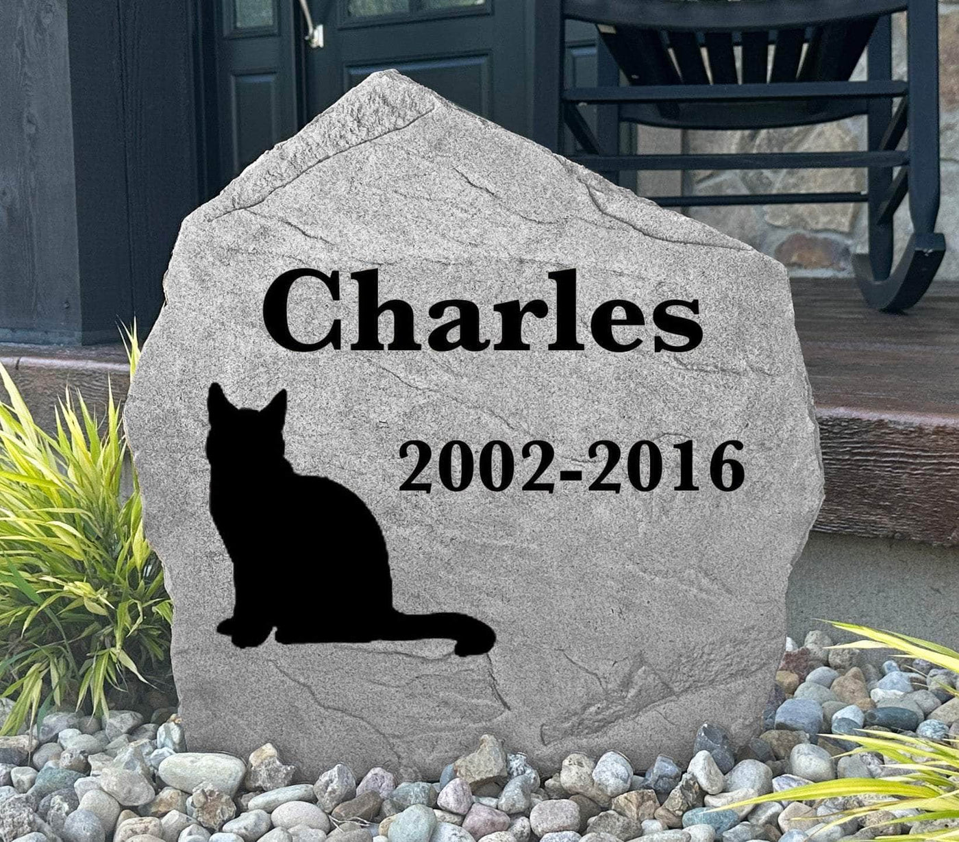 Engraved cat memorial rock with custom dates for outdoor garden décor