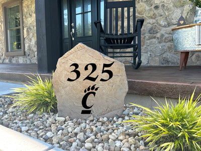 Decorative house number stone featuring Cincinnati Bearcats logo