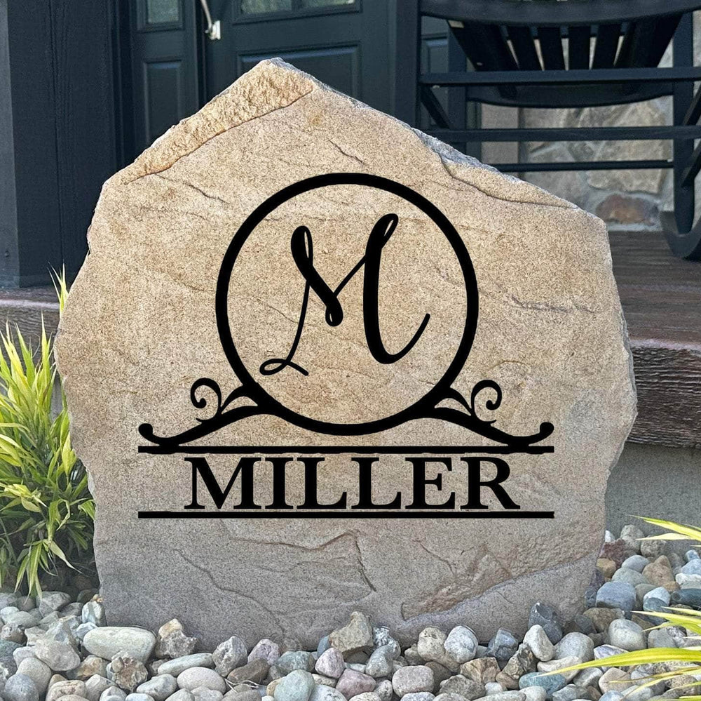 Custom circular monogram name plaque crafted from durable concrete, blending elegant personalization with lasting outdoor beauty and curb appeal.