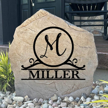 Custom circular monogram name plaque crafted from durable concrete, blending elegant personalization with lasting outdoor beauty and curb appeal.