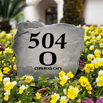 Officially licensed Oregon Ducks Address Stone handcrafted in the USA with custom house numbers and engraved team artwork. This personalized address marker enhances curb appeal for alumni homes, patios, and landscape beds.