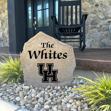 Decorative University of Houston Name Stone featuring personalized family names permanently engraved into the stone surface alongside the official Cougars logo. Perfect for gardens, patios, and entryways, this outdoor accent celebrates Houston pride.