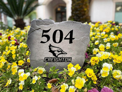 Engraved Creighton University address rock for home entryway