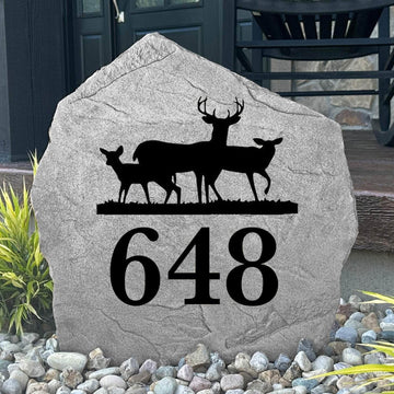 Custom deer house number plaque crafted from durable concrete, combining elegant address visibility with timeless outdoor wildlife décor.