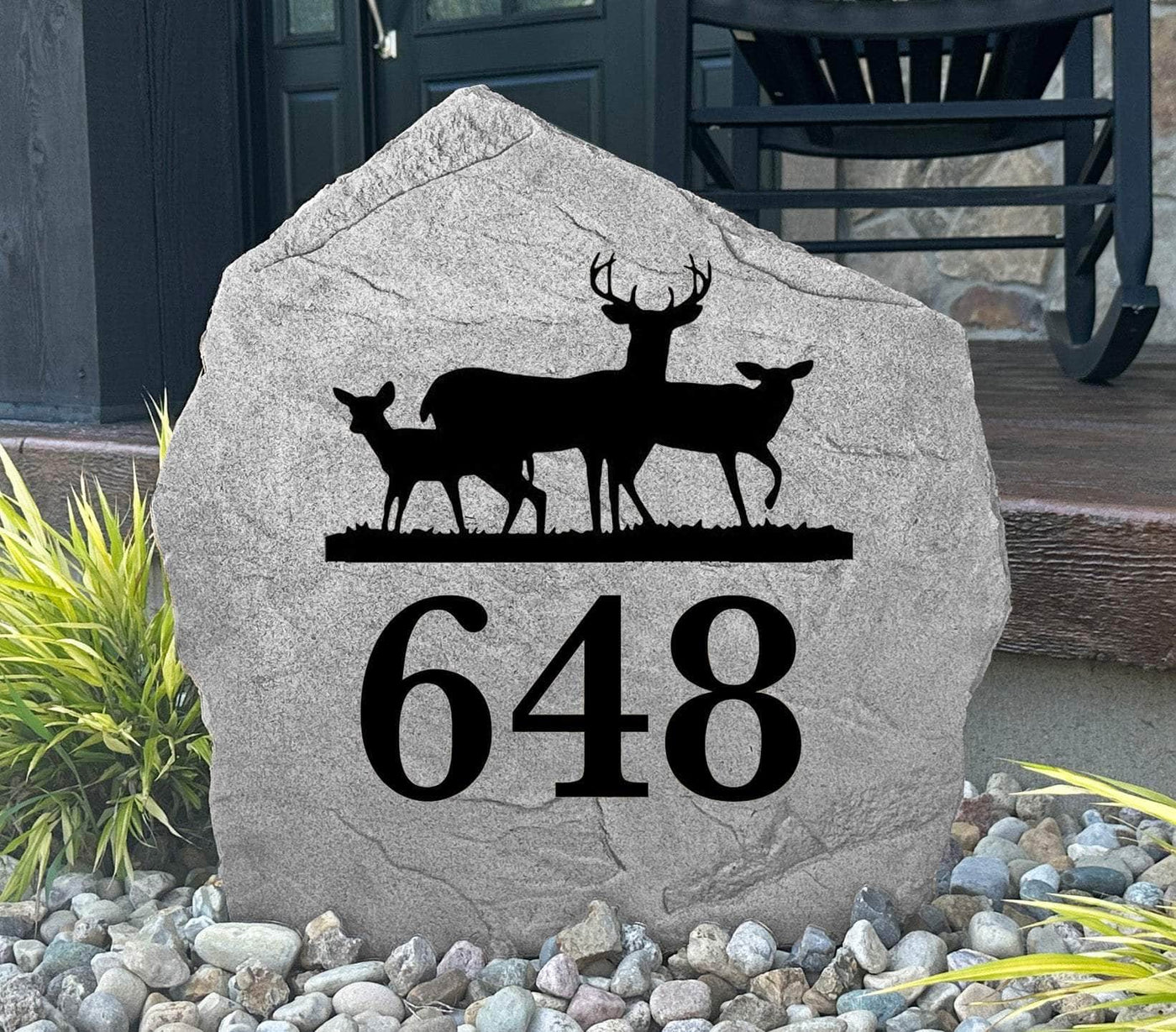 Rustic engraved deer address rock for outdoor landscaping and cabin entryway