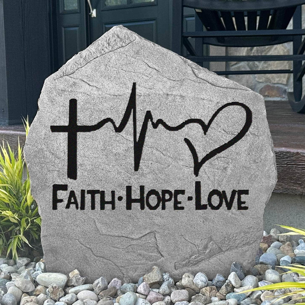 Decorative Faith Hope Love concrete plaque crafted to celebrate Christian values with timeless elegance for gardens, patios, and front entrances.