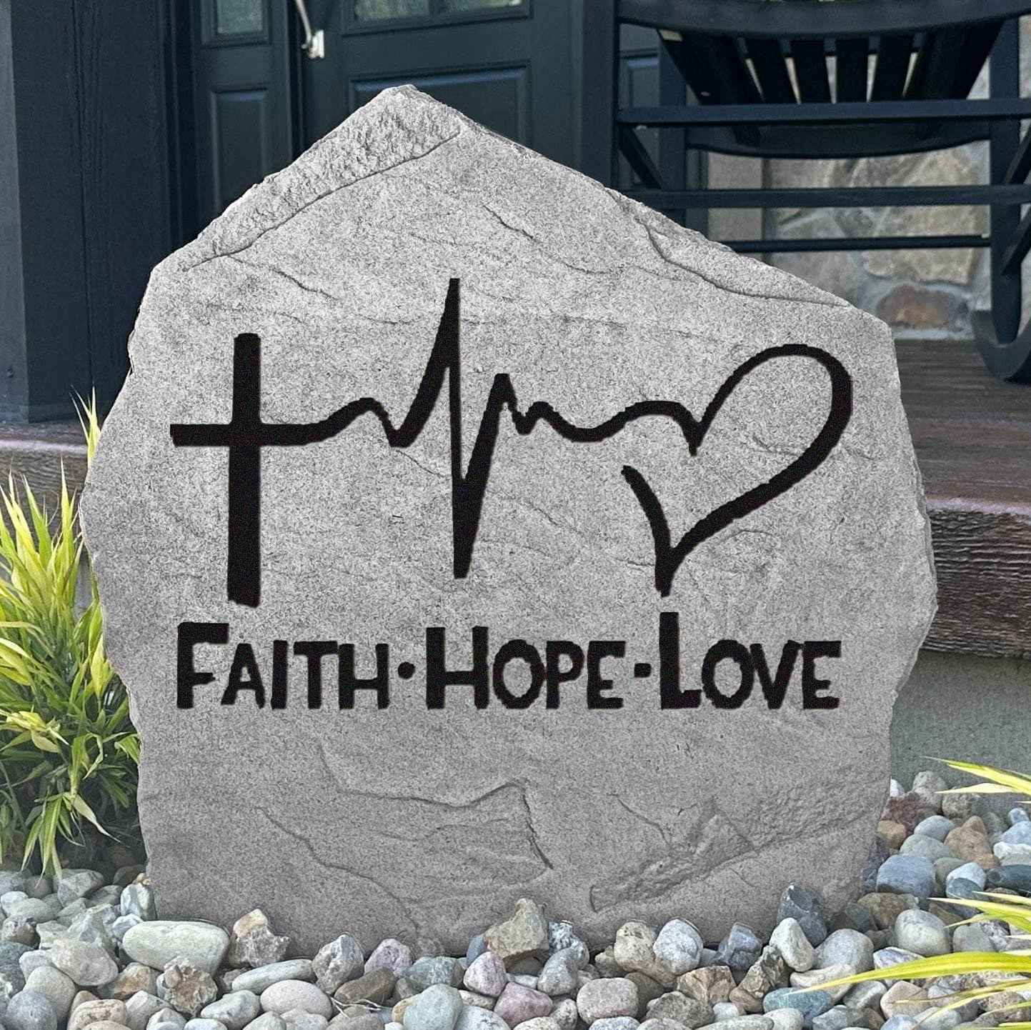 Decorative Faith Hope Love concrete plaque crafted to celebrate Christian values with timeless elegance for gardens, patios, and front entrances.