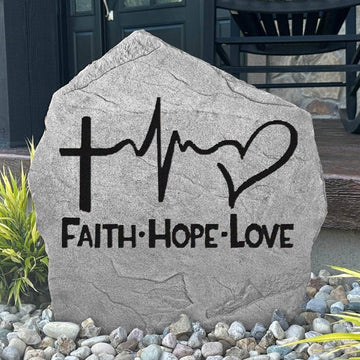 Decorative Faith Hope Love concrete plaque crafted to celebrate Christian values with timeless elegance for gardens, patios, and front entrances.