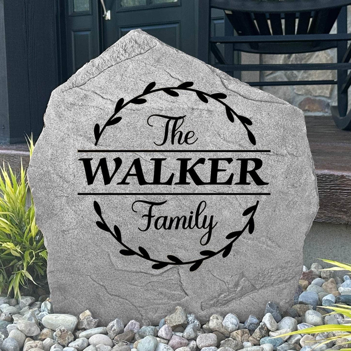 Custom vine family name plaque crafted from durable concrete, creating a sophisticated outdoor accent for gardens, patios, and front entrances.