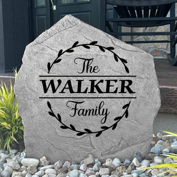 Custom vine family name plaque crafted from durable concrete, creating a sophisticated outdoor accent for gardens, patios, and front entrances.