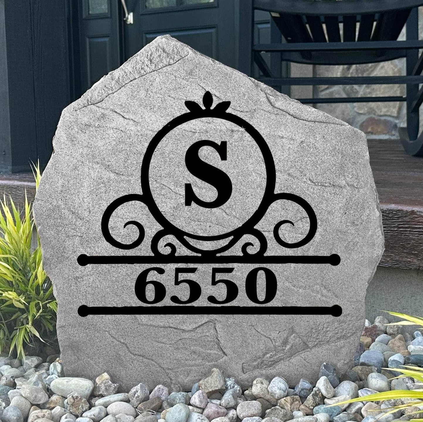 Custom ornate monogram house number plaque crafted from durable concrete, bringing upscale style and timeless curb appeal to your home.