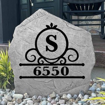 Custom ornate monogram house number plaque crafted from durable concrete, bringing upscale style and timeless curb appeal to your home.
