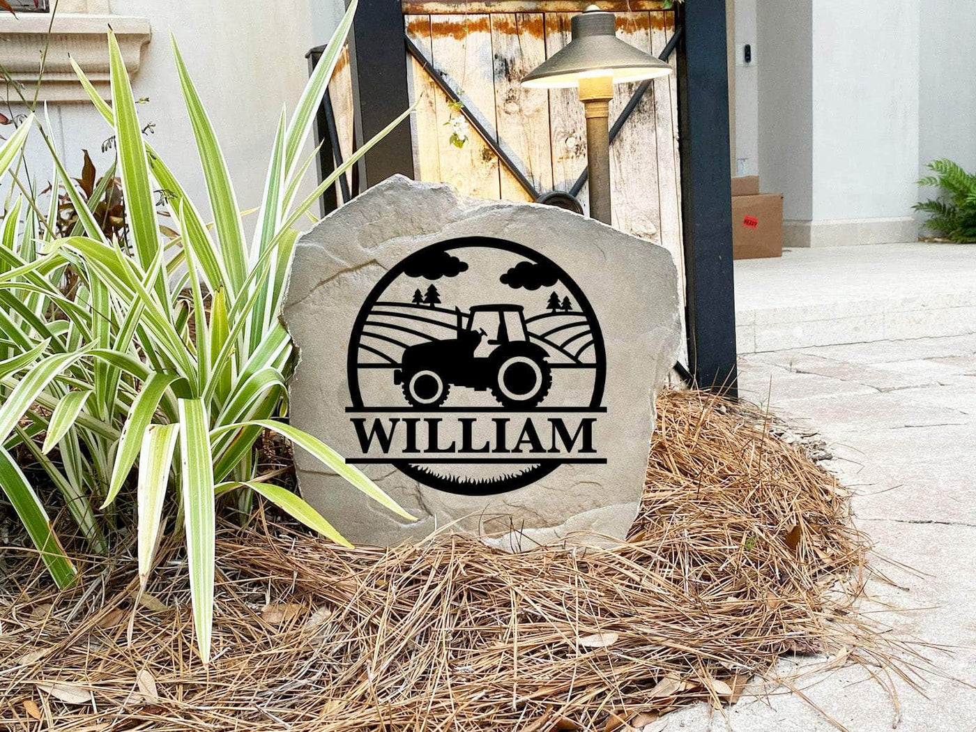 Personalized stone with farming landscape, a unique gift for garden or entryway.