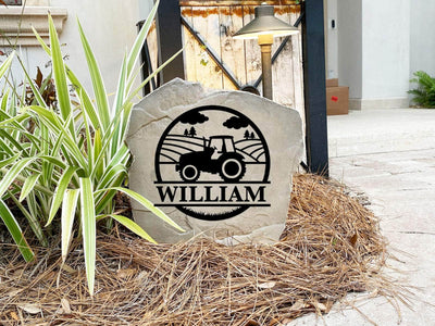 Personalized stone with farming landscape, a unique gift for garden or entryway.
