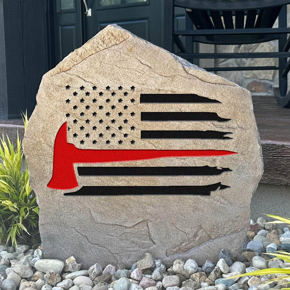 Decorative firefighter American flag plaque crafted from durable concrete, celebrating first responders with timeless outdoor craftsmanship and pride.