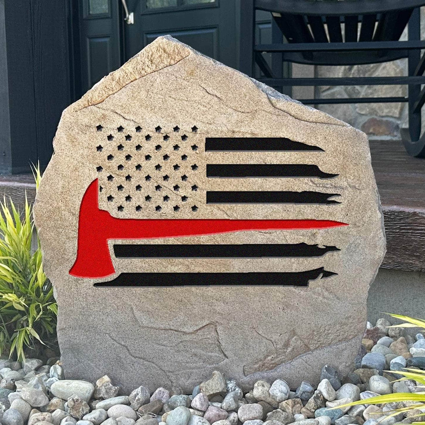 Decorative firefighter American flag plaque crafted from durable concrete, celebrating first responders with timeless outdoor craftsmanship and pride.