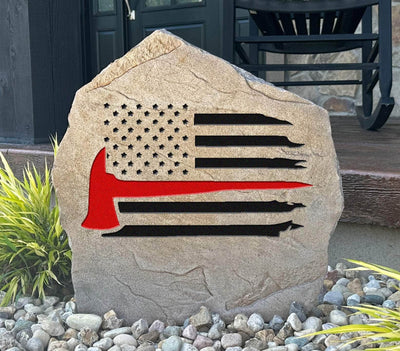 Custom firefighter memorial stone with engraved flag design