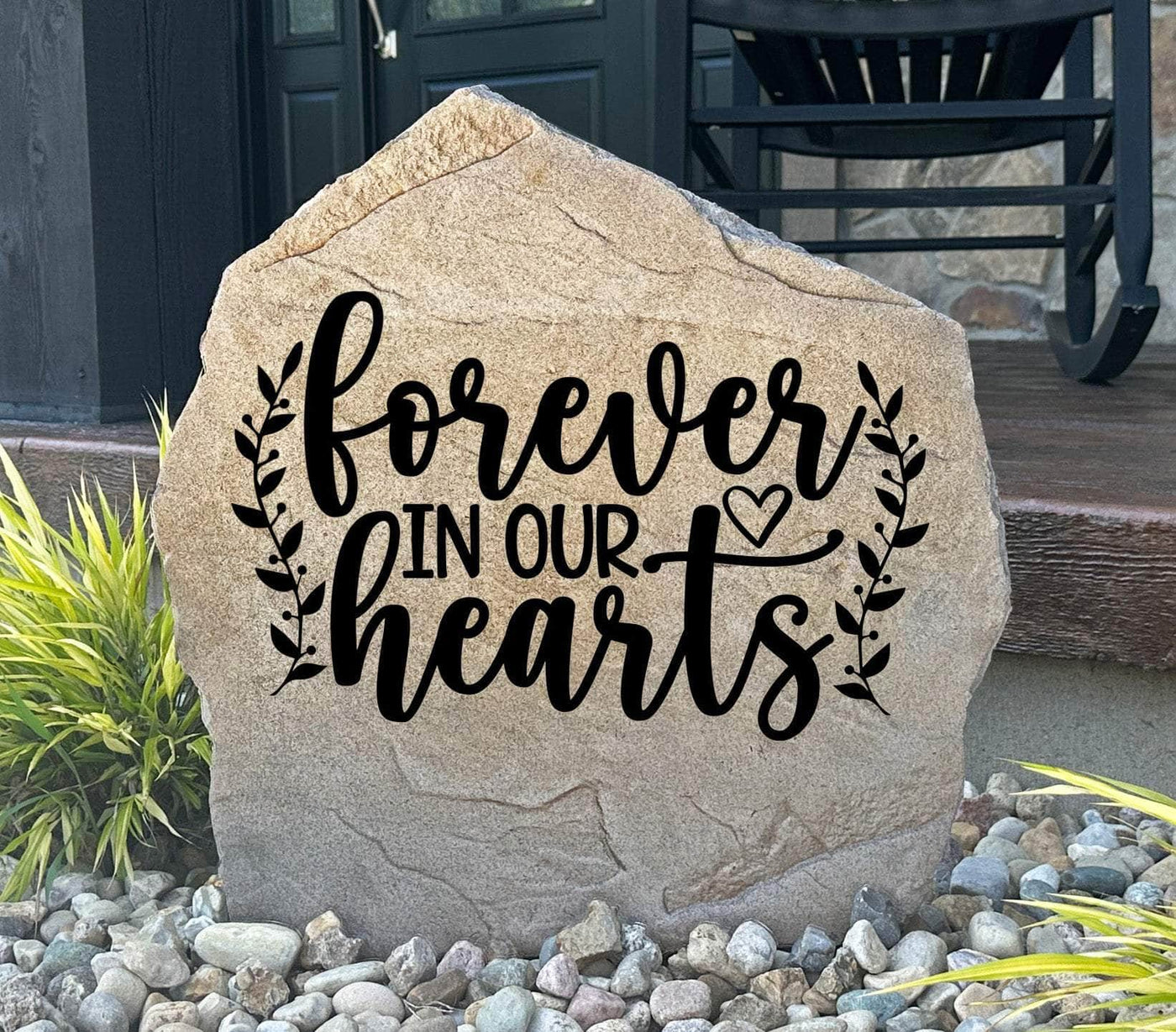 Custom engraved garden stone with Forever In Our Hearts design