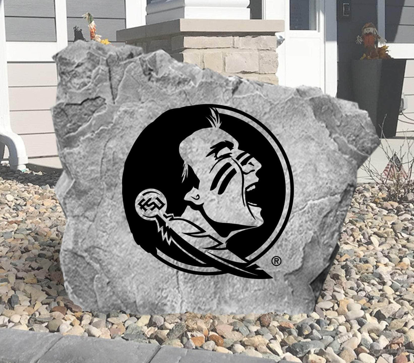 Engraved FSU logo rock for yard and garden display