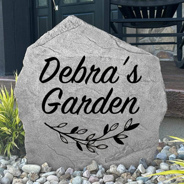 Custom engraved garden marker crafted from durable concrete, adding a timeless personalized touch to patios, pathways, and outdoor living spaces.