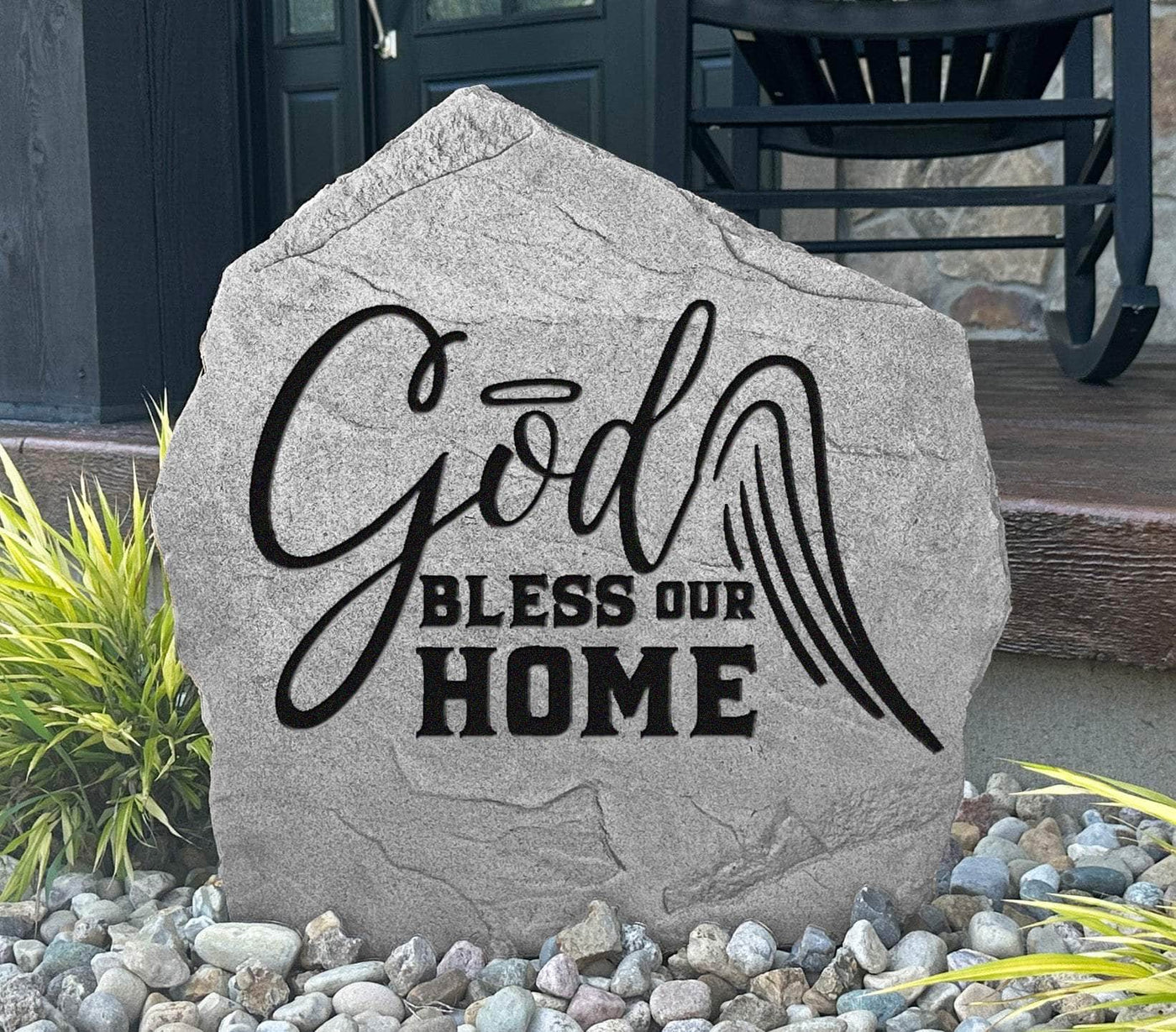 Personalized outdoor stone with God Bless Our Home inscription