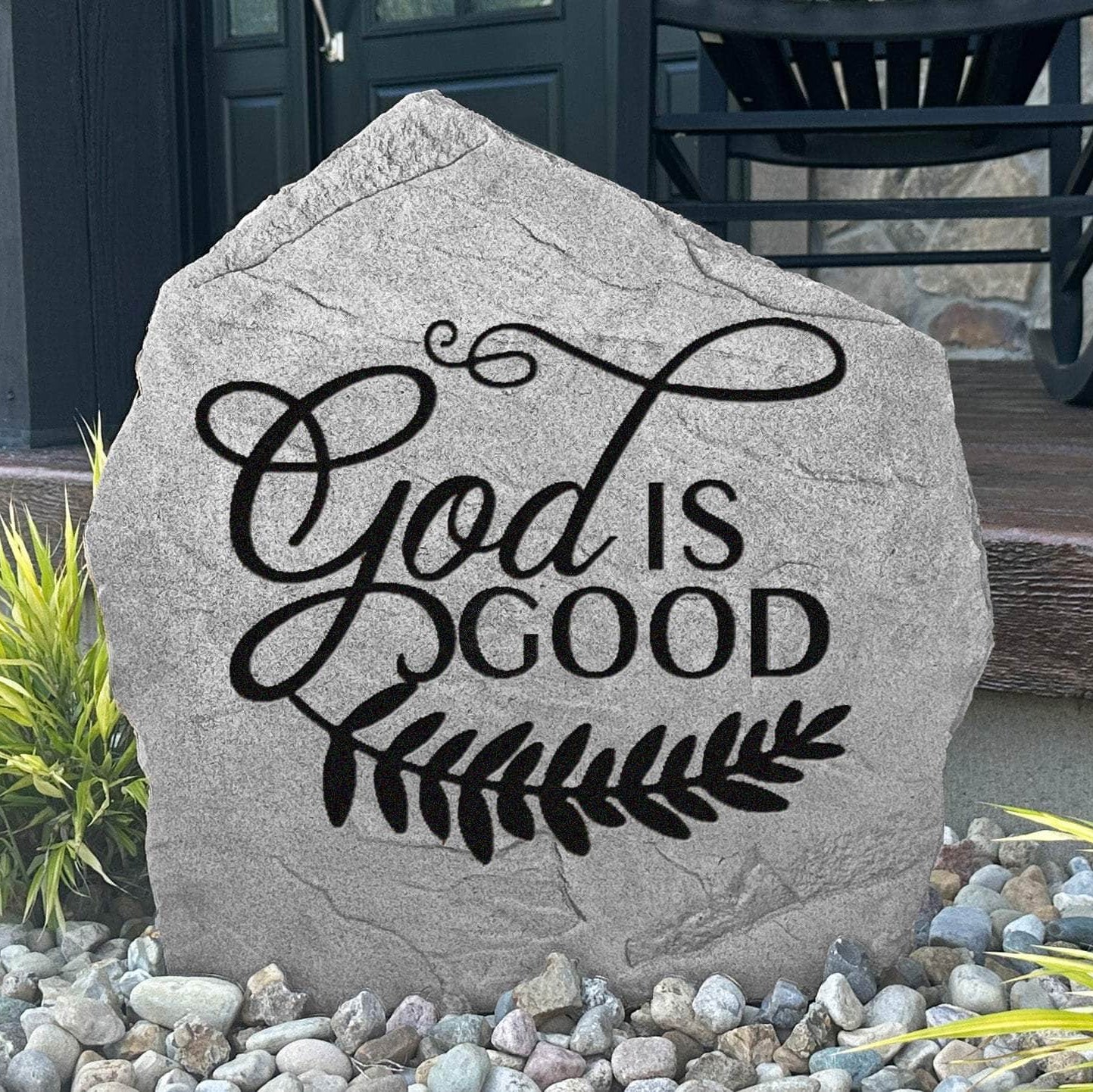 Inspirational Christian garden plaque displaying "God Is Good" with graceful vine accents, crafted from durable concrete for lasting outdoor beauty.