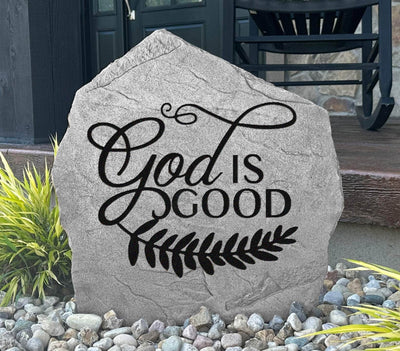 Christian outdoor stone featuring God Is Good message and vine pattern