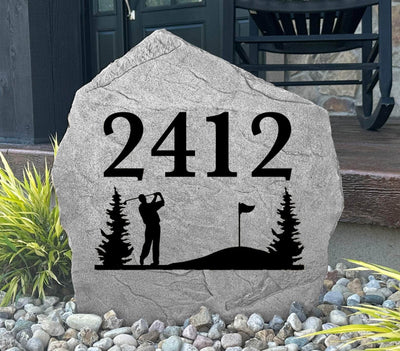 Custom engraved golf rock displaying house address for yard decor