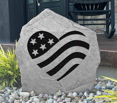 Personalized patriotic stone featuring heart and flag engraving