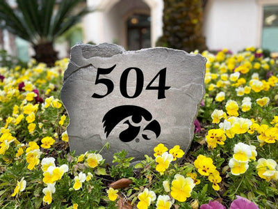 Engraved Iowa stone featuring home address and team logo