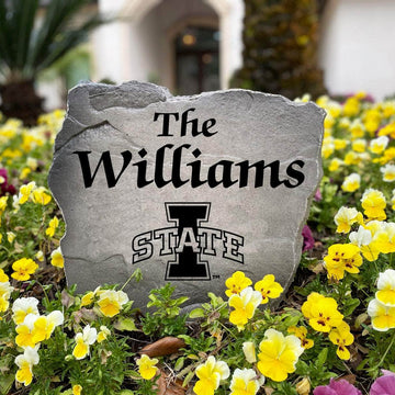 Outdoor Iowa State University Name Stone featuring personalized family lettering permanently engraved into weather-resistant stone. A unique gift for Iowa State football fans, housewarmings, weddings, and college alumni.