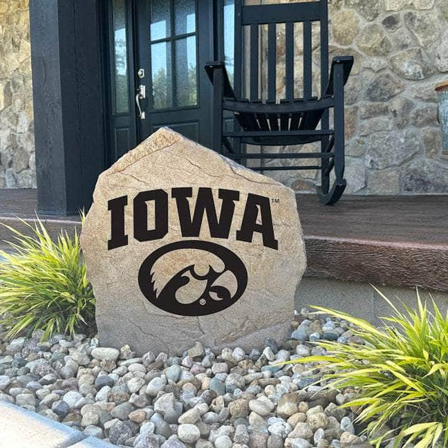 Decorative stone with bold Iowa Hawkeyes emblem