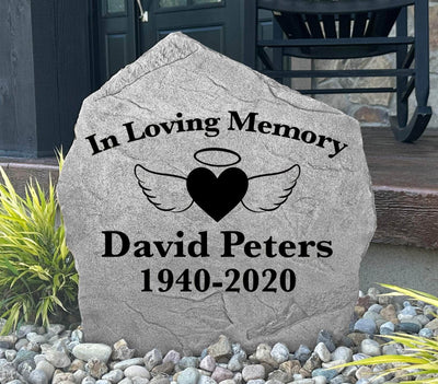 Personalized remembrance stone with angel wings and heart design