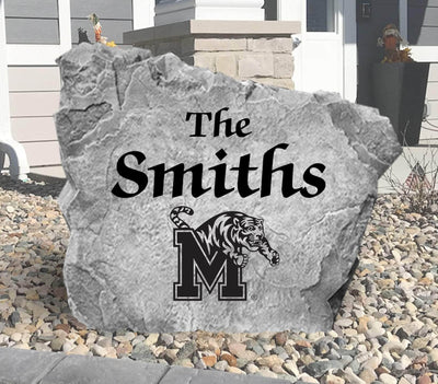 Engraved Memphis Tigers family name rock for yard display.