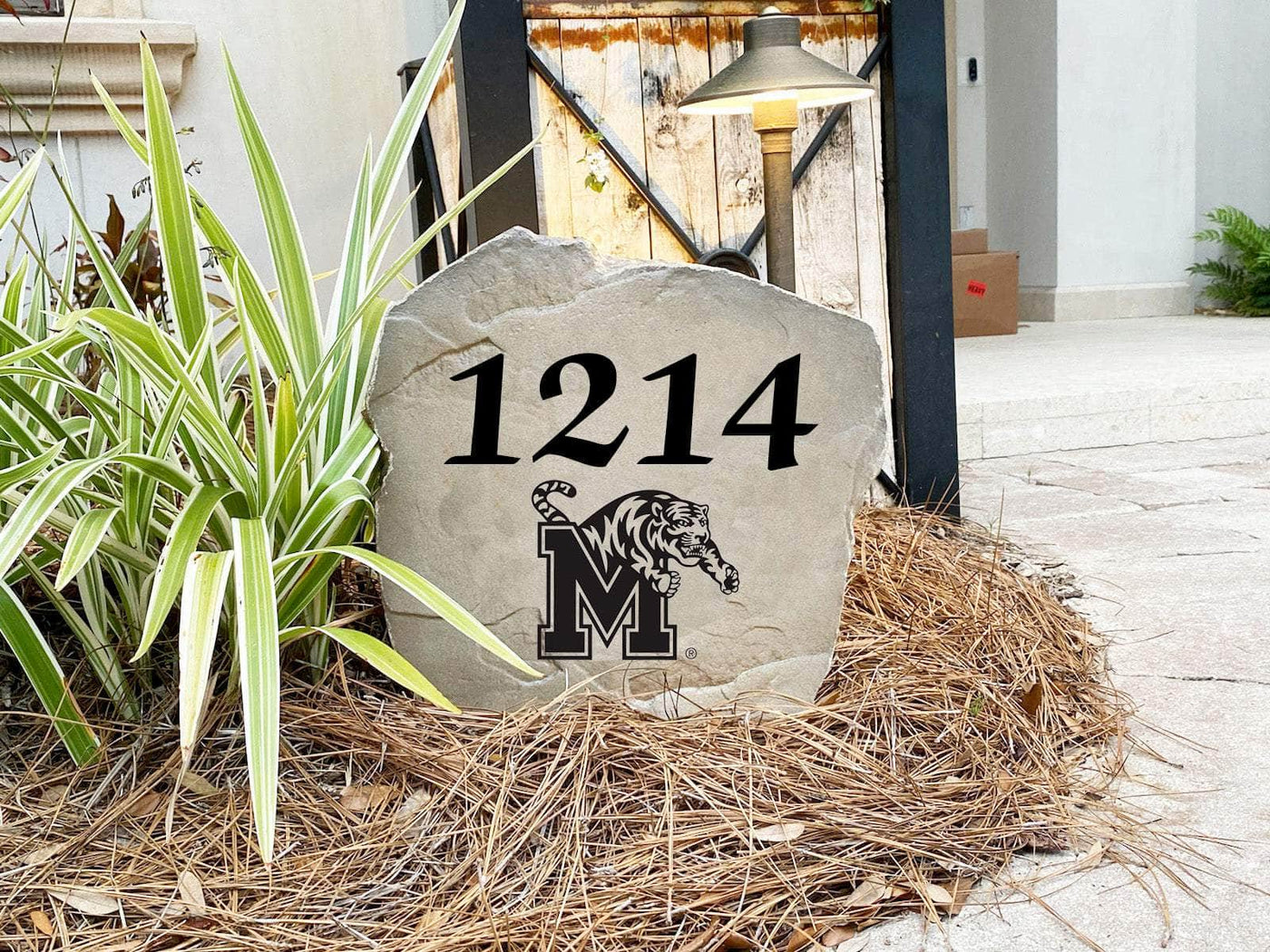 Engraved Memphis University address stone for home entryway.
