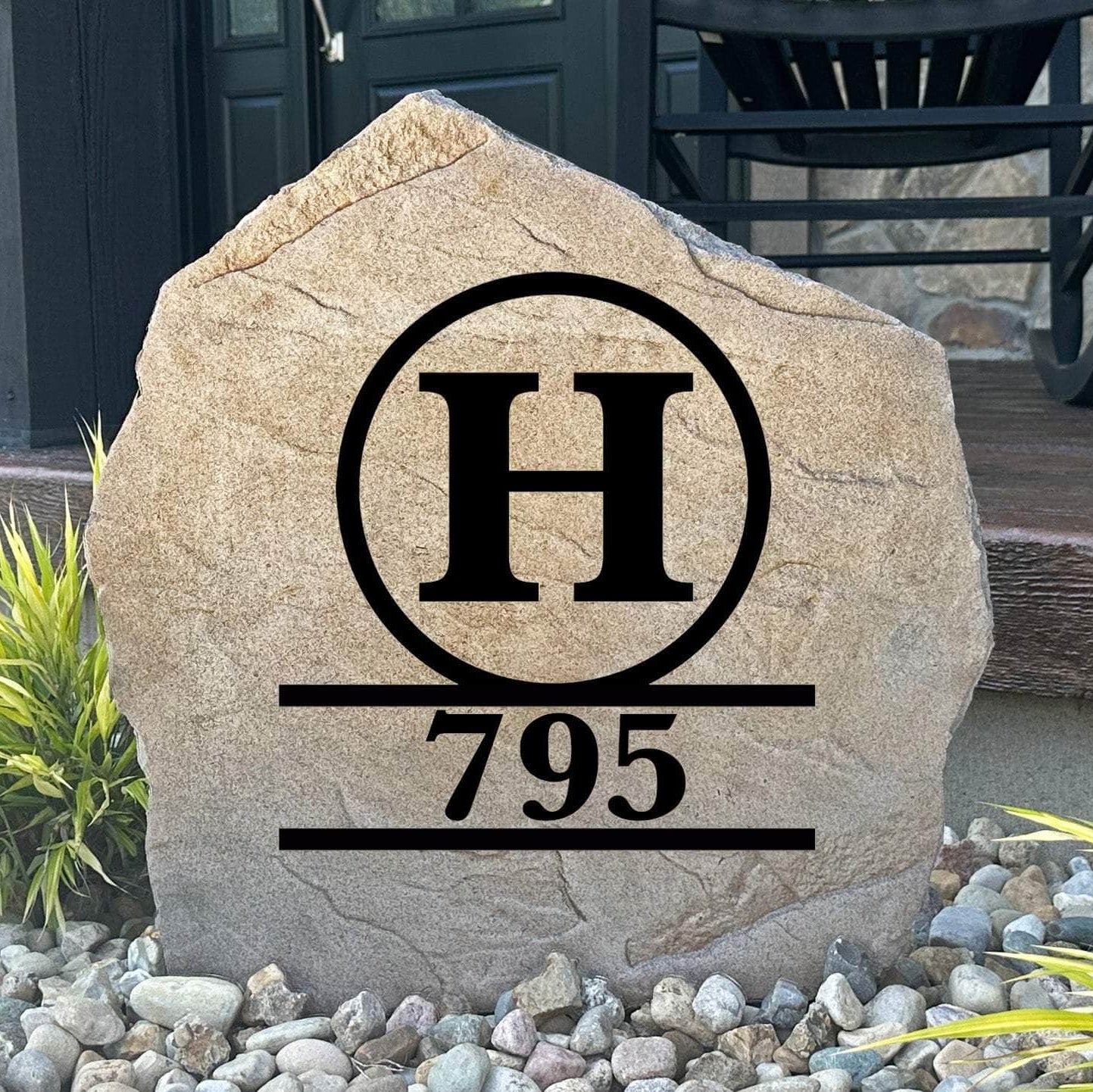 Custom monogram house number plaque crafted from durable concrete, blending timeless sophistication with beautiful outdoor home identification.