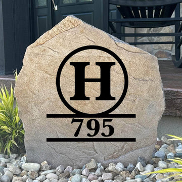 Custom monogram house number plaque crafted from durable concrete, blending timeless sophistication with beautiful outdoor home identification.