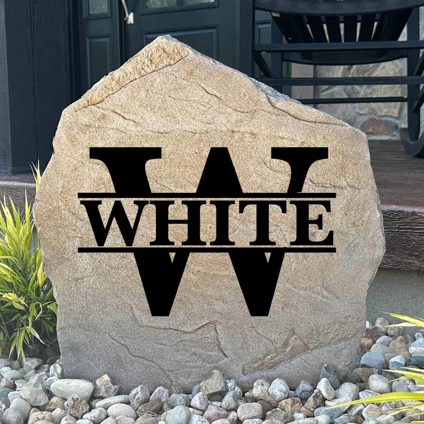 Custom monogram plaque crafted from durable concrete, adding elegant personalization and lasting beauty to your home's landscape.