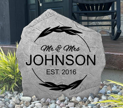 Custom engraved Mr & Mrs garden stone with names and establishment date.