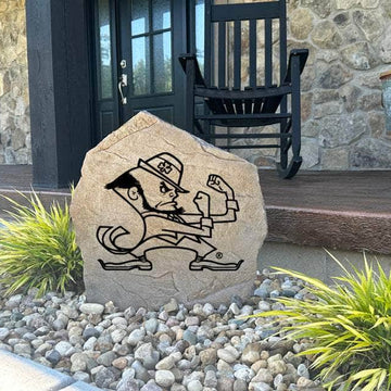 Decorative Notre Dame Fighting Irish Leprechaun Stone with officially licensed mascot artwork permanently engraved into the stone surface. Perfect for gardens, patios, fan caves, and entryways, this outdoor accent celebrates Notre Dame tradition.