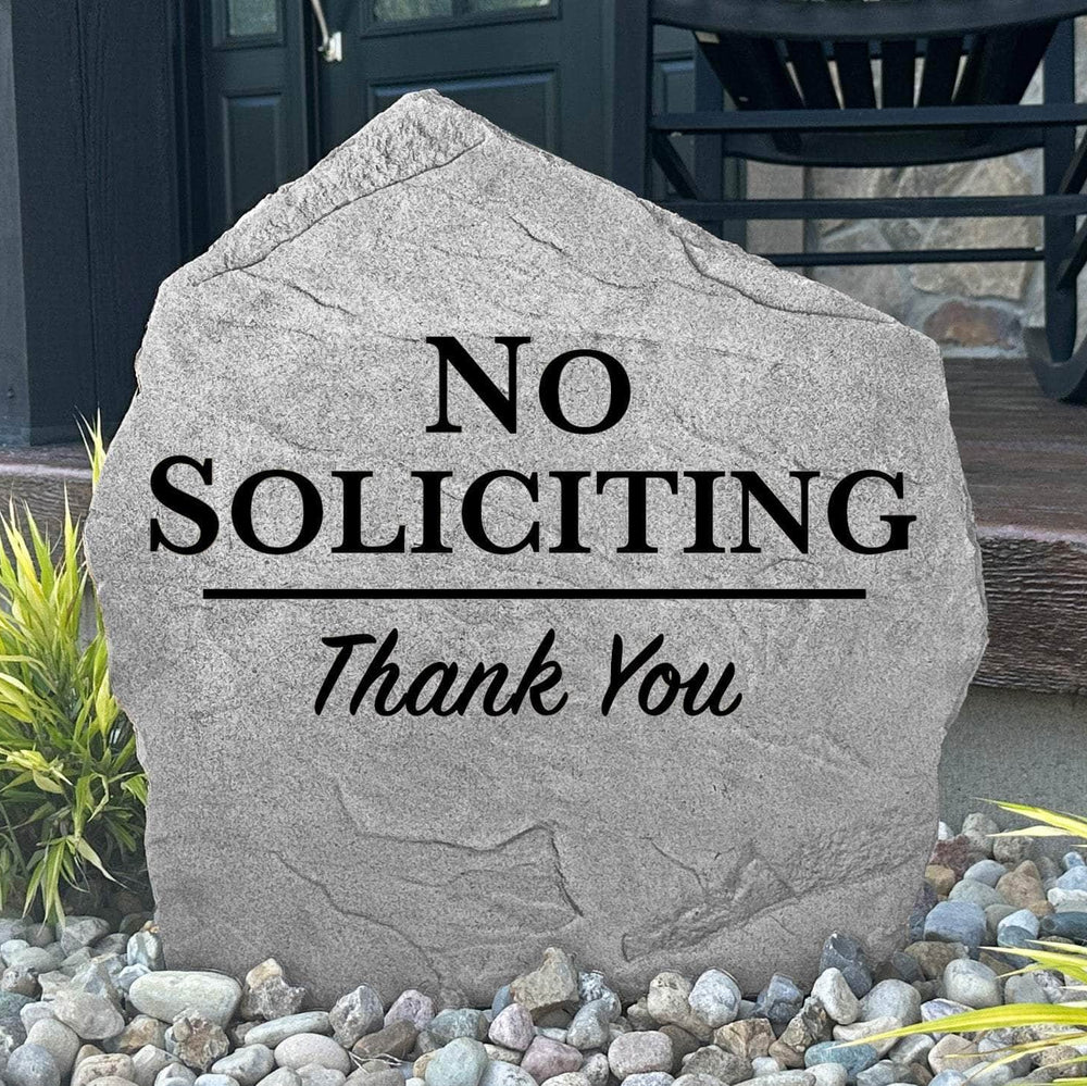 Decorative No Soliciting concrete plaque crafted to discourage unwanted sales visits while enhancing front entrances, gardens, and walkways.