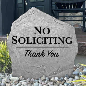Decorative No Soliciting concrete plaque crafted to discourage unwanted sales visits while enhancing front entrances, gardens, and walkways.