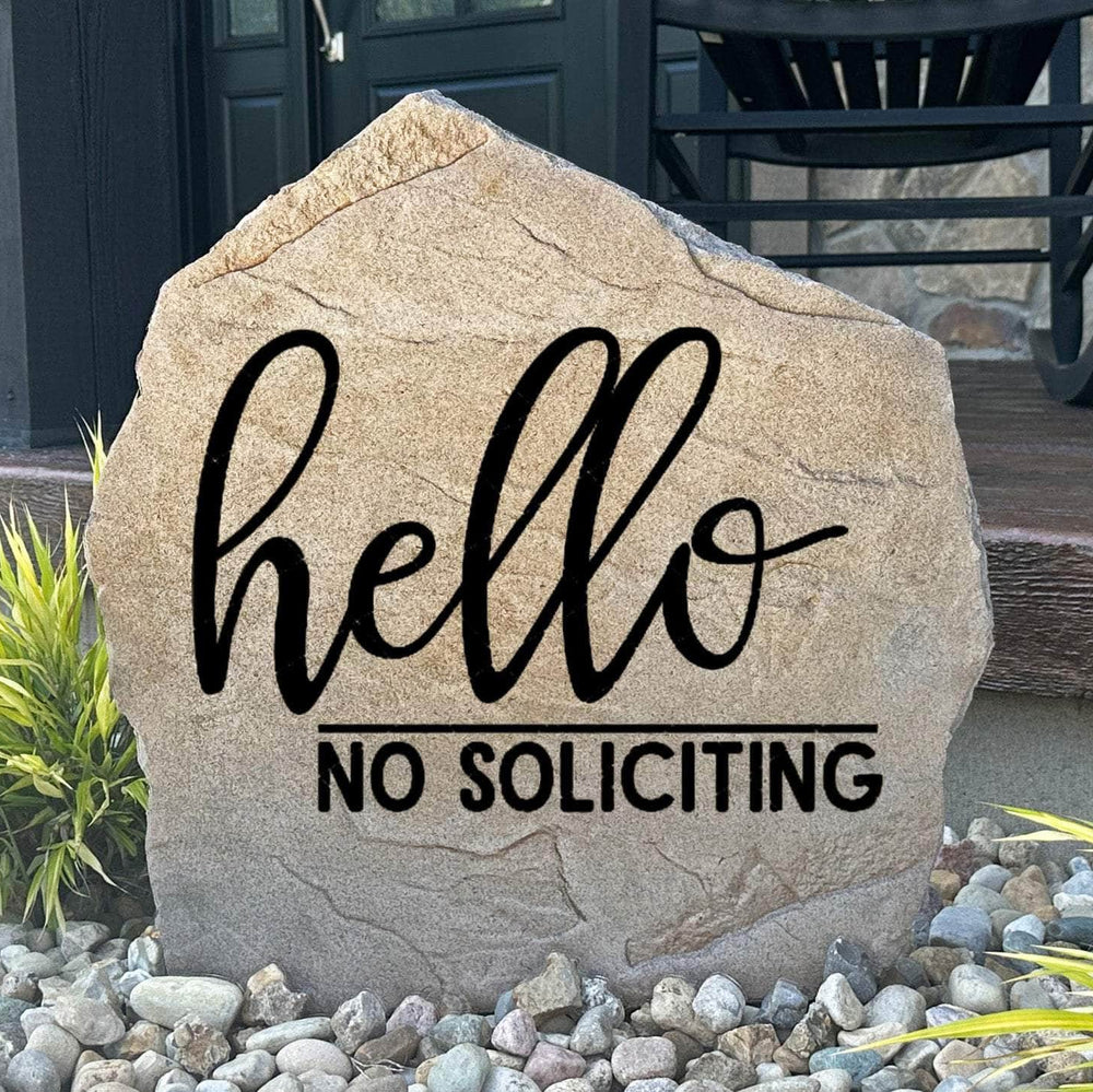 Decorative No Soliciting garden plaque crafted from durable concrete, creating a stylish and respectful message for front porches and entryways.