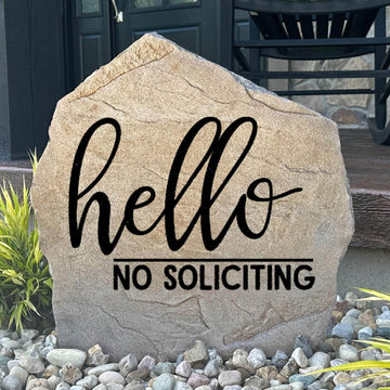 Decorative No Soliciting garden plaque crafted from durable concrete, creating a stylish and respectful message for front porches and entryways.
