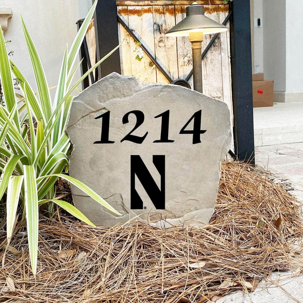 Custom Northwestern University house number marker designed to showcase your Wildcats spirit while enhancing gardens, walkways, and front landscaping.