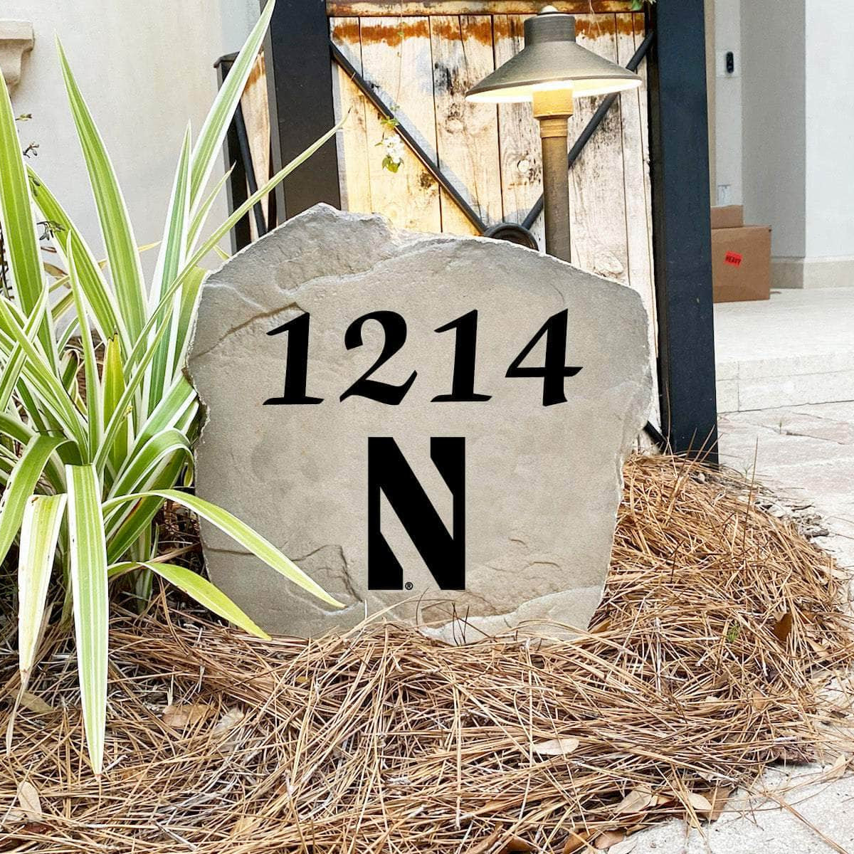 Custom Northwestern University house number marker designed to showcase your Wildcats spirit while enhancing gardens, walkways, and front landscaping.