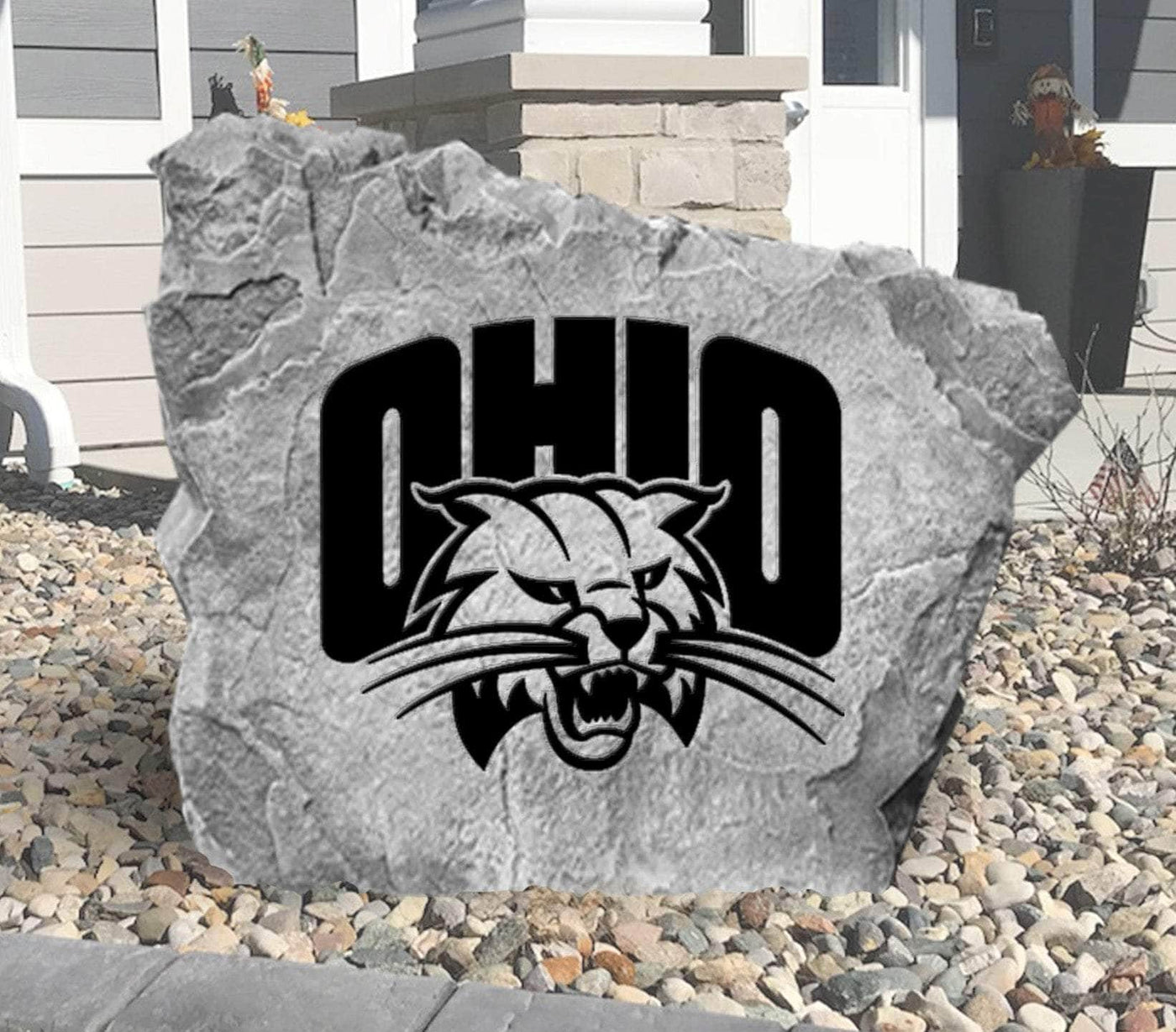 Engraved Ohio Bobcats logo rock for outdoor landscaping.