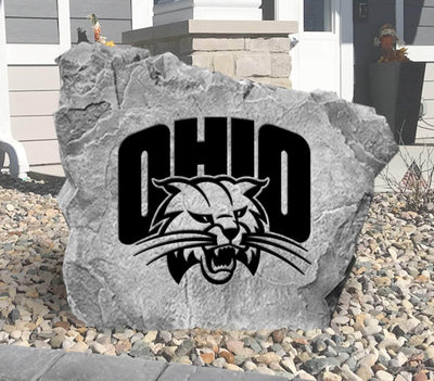 Engraved Ohio Bobcats logo rock for outdoor landscaping.