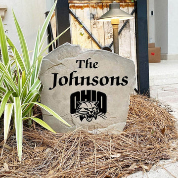 Custom Ohio University last name marker designed to add collegiate character to front yards, patios, flower beds, and garden pathways.