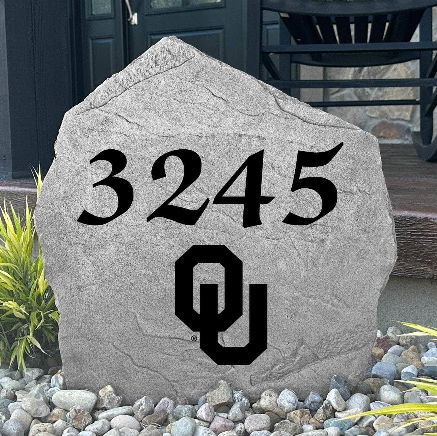 Custom University of Oklahoma Address Stone featuring the official Sooners logo and personalized house numbers. A stylish way to display your address in front yards, driveways, gardens, and landscaped entryways.